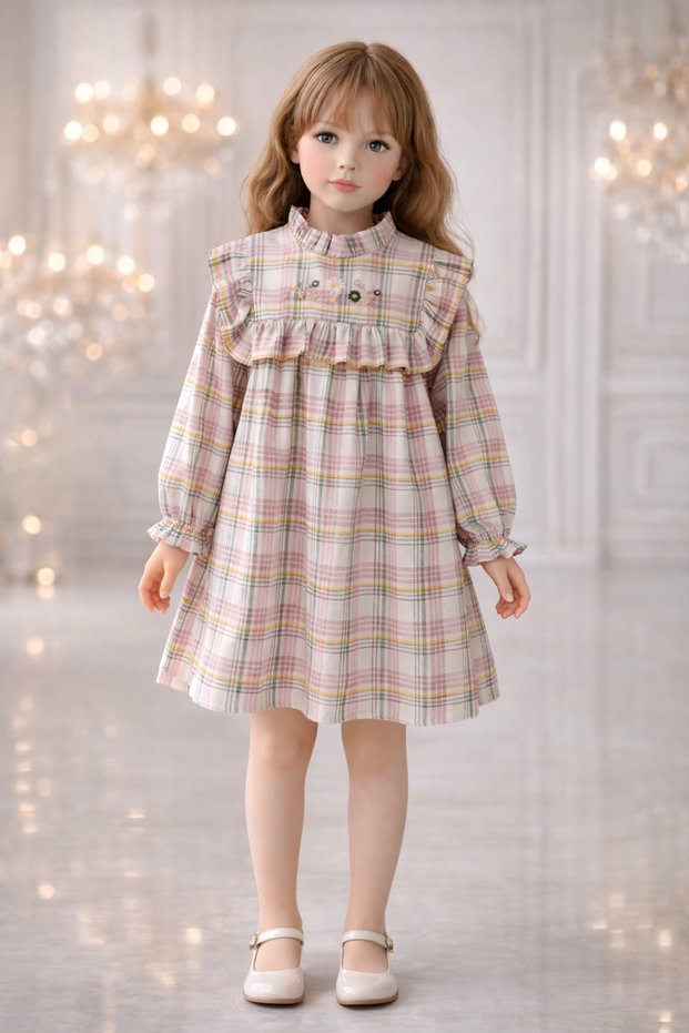 Eid Girls' Plaid Embroidered Dress – Ruffle Detail Stylish Comfortable Casual Special Occasion Dress