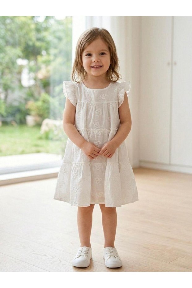 White Girl's Dress with Flower Details 3-8 Years Old