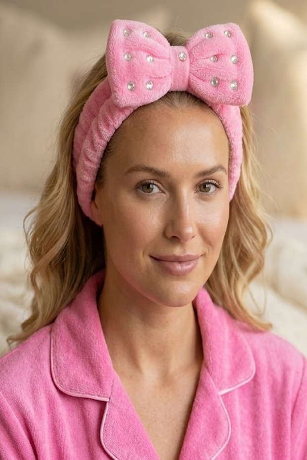 Fuchsia Color Ribbon and Stone Plush Hair Band
