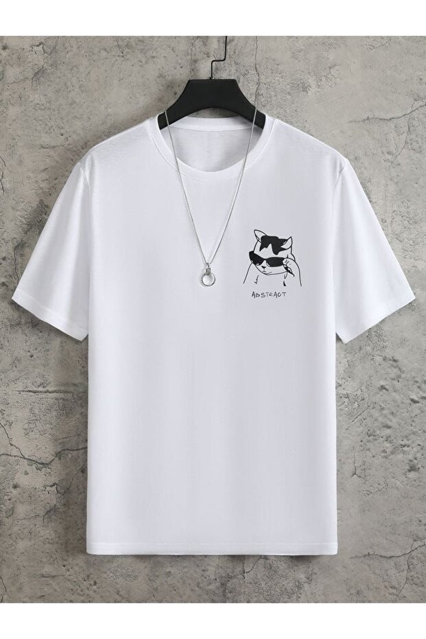 Kedigozluk Printed White Oversized Unisex T-Shirt Basic Comfortable Fit Daily Tshirt
