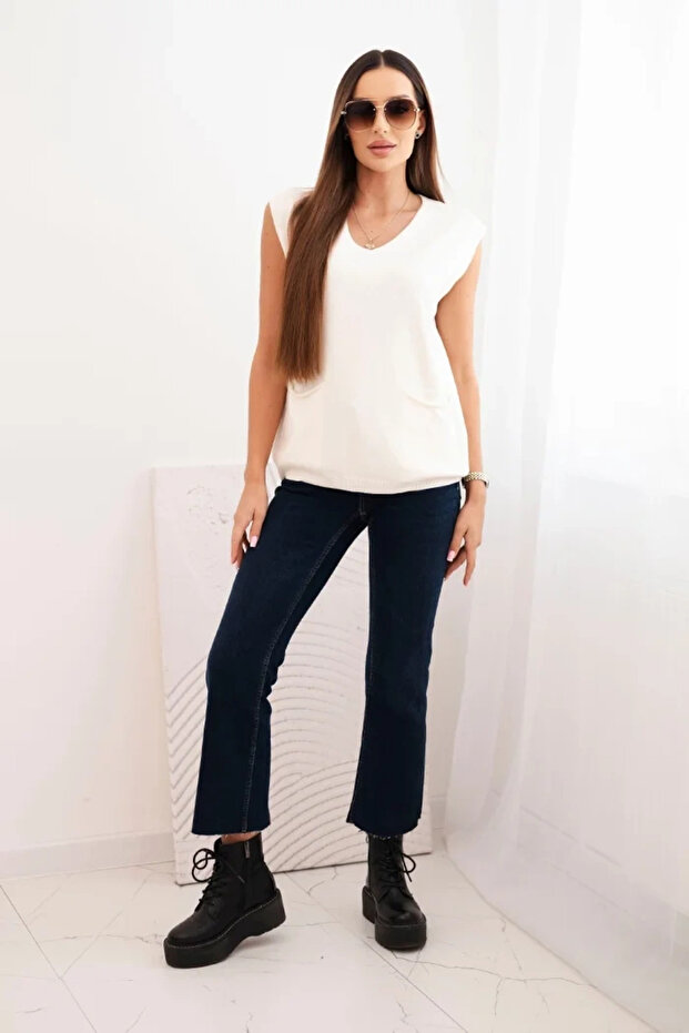 Pulover fără mâneci din viscoză pentru femei, cu buzunare și decolteu în V, ecru - 2