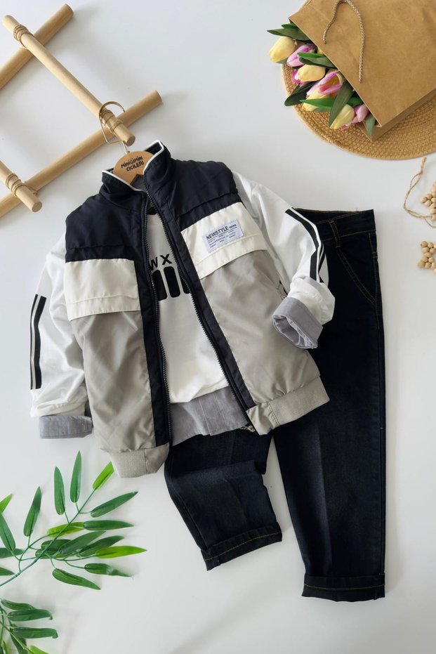 Miniğimin Cicileri Newstyle Quilted Puffer Vest Set Sweatshirt Boys' 4-Piece Combination Set - Gray