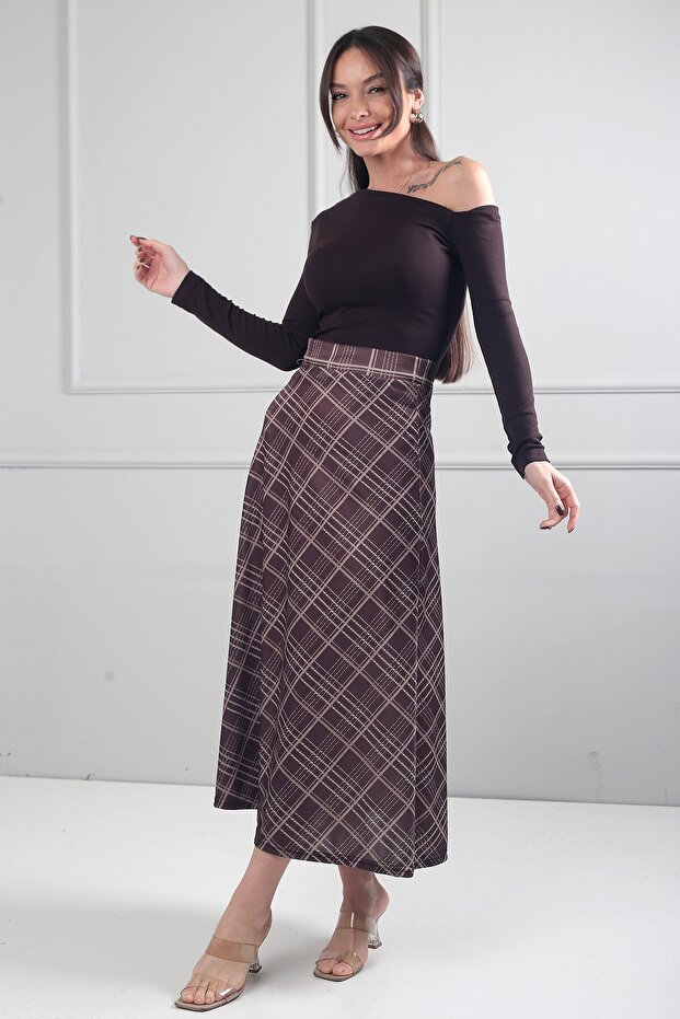 Women's Elastic Waist Plaid Viscose Satin Stretch Fabric Long Skirt