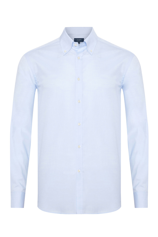 Albini Blue Twill Relax Formula Exclusive Tailor Fit Button-Down Collar Cotton Shirt