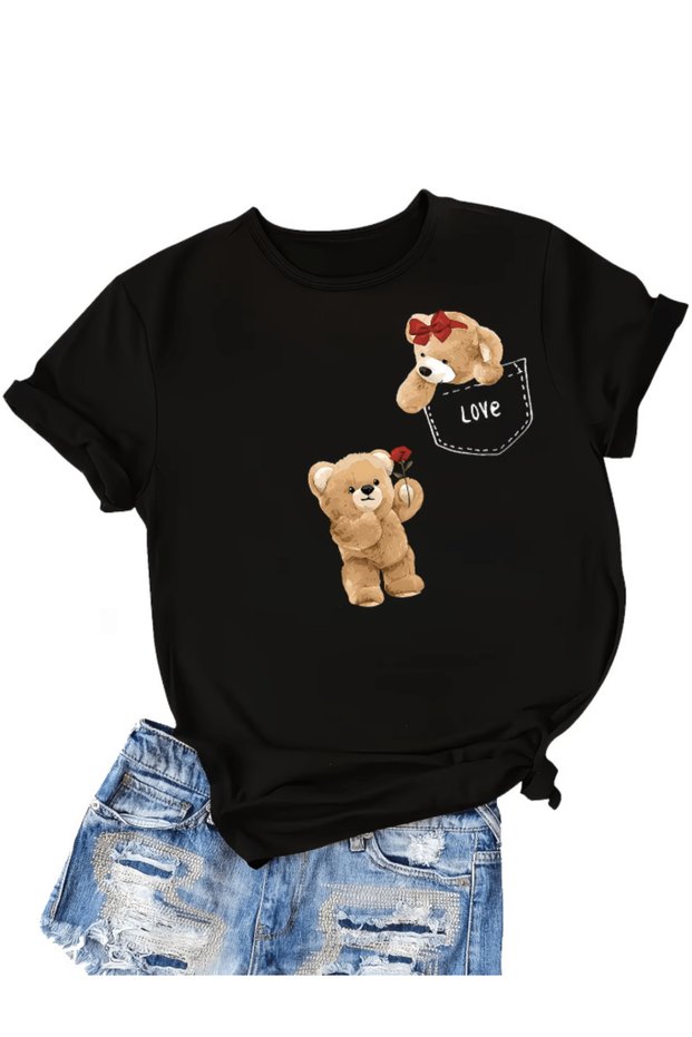 تي شيرت Love Designed Cute Teddy Bear مطبوع فاخر كبير الحجم