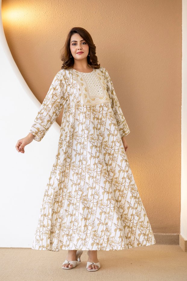 100% Cotton - Ladies A-line Maxi Vintage Floral Embroidered Jalabiya (Cream Beige)