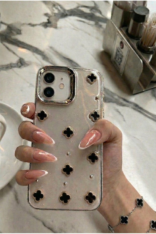5 Colors Clover Stone Glittery Transparent iPhone 11 Compatible Phone Case Luxury Clover Design
