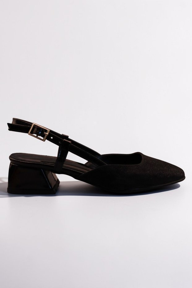 Black Glittery Heeled Open Back Classic Women's Shoes Heeled Shoes