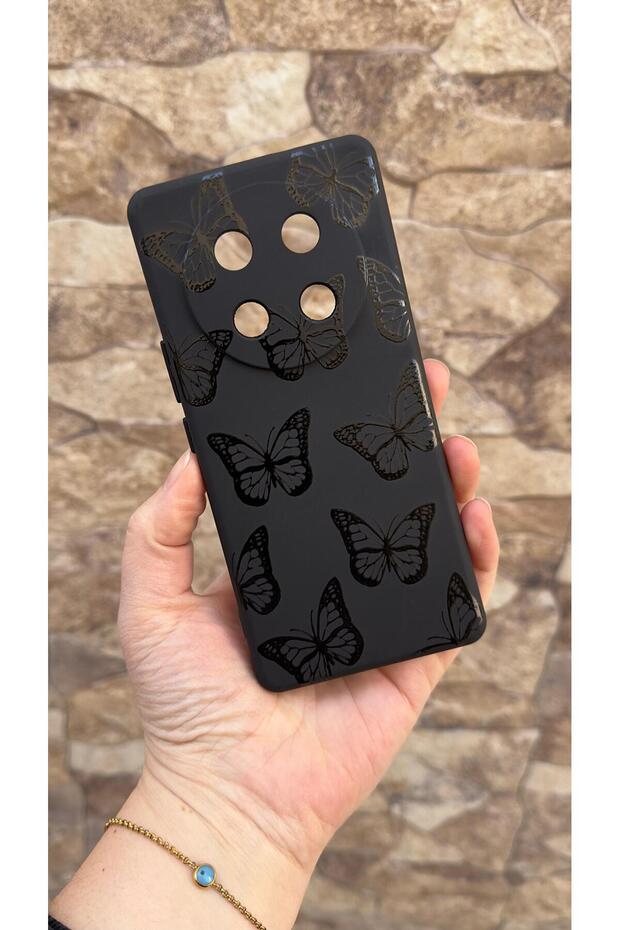 Honor Magic 7 Lite 5g Compatible Black Butterfly Patterned Silicone Shock-Absorbing Classic Protected Rubber Case