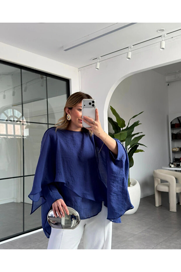 Navy Blue Cape Detailed Oversized Chiffon Blouse - 7068