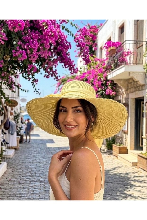 Women's Wide Brim Straw Hat with Drawstring Adjustment