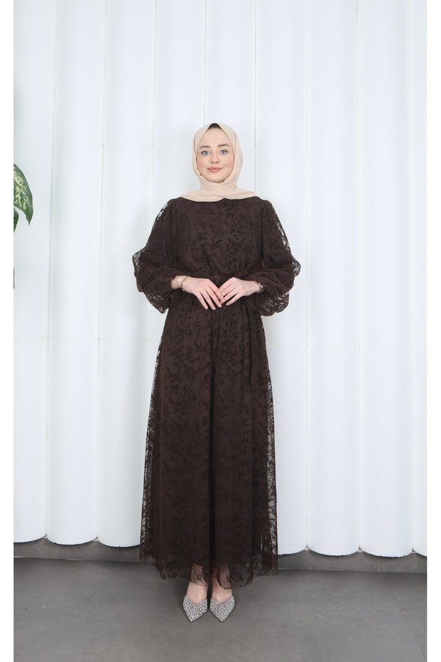 Flok Printed Lined Belted Tulle Dress Brown Hnt8565