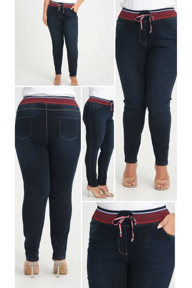 Plus Size Full Lycra Lace-Up Ribbed Ce Pocketed Rend Tight-Leg Seasonal Standard Stylish Denim Pants