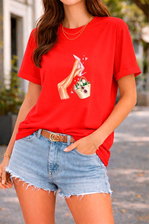 Women's Printed Detail Oversize Bol Cut T-Shirt with Cycling Neck