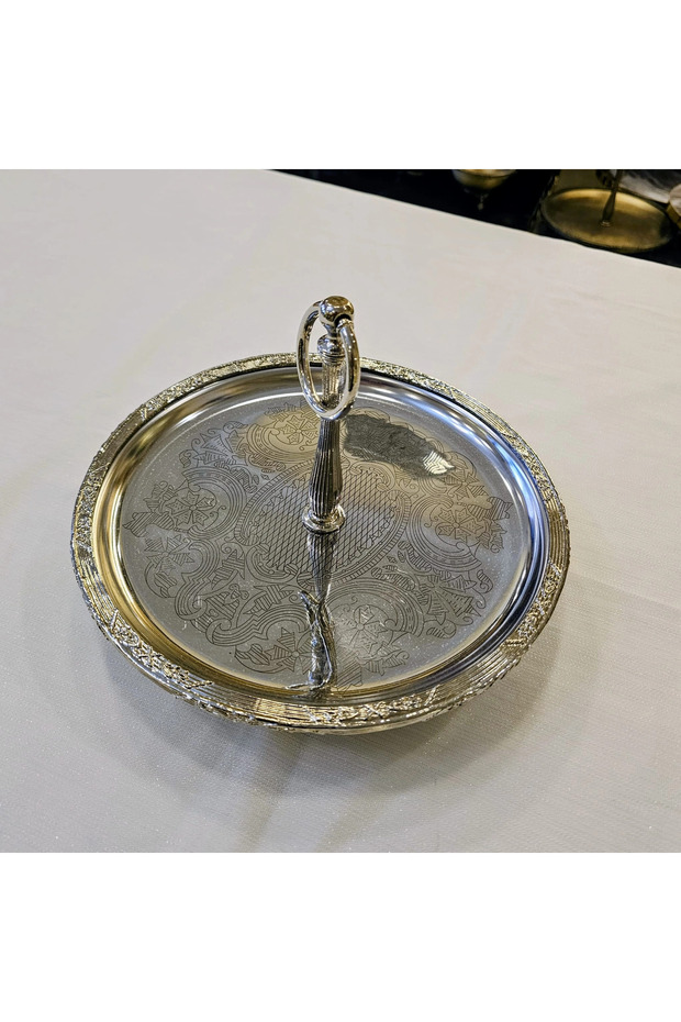 26 cm Cast Iron Stand with Stainless Steel Handle Presentation Plate Silver
