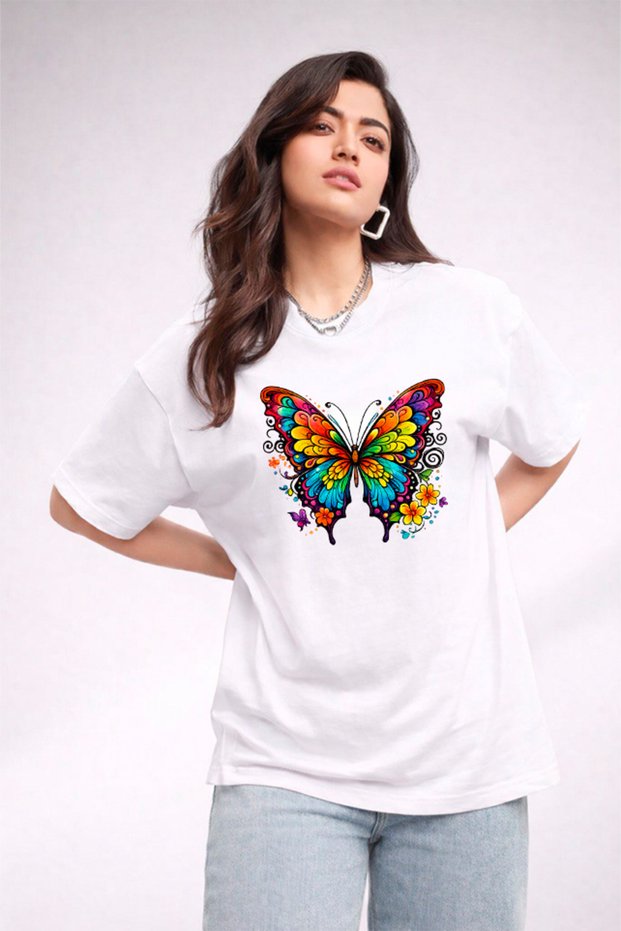 Women's Printed Detail Oversize Bol Cut T-Shirt with Cycling Neck