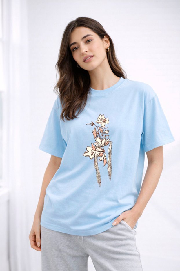 Women's Printed Detail Oversize Bol Cut T-Shirt with Cycling Neck