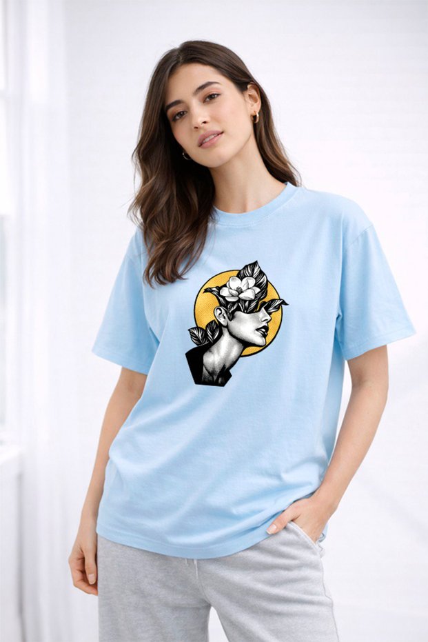 Women's Printed Detail Oversize Bol Cut T-Shirt with Cycling Neck
