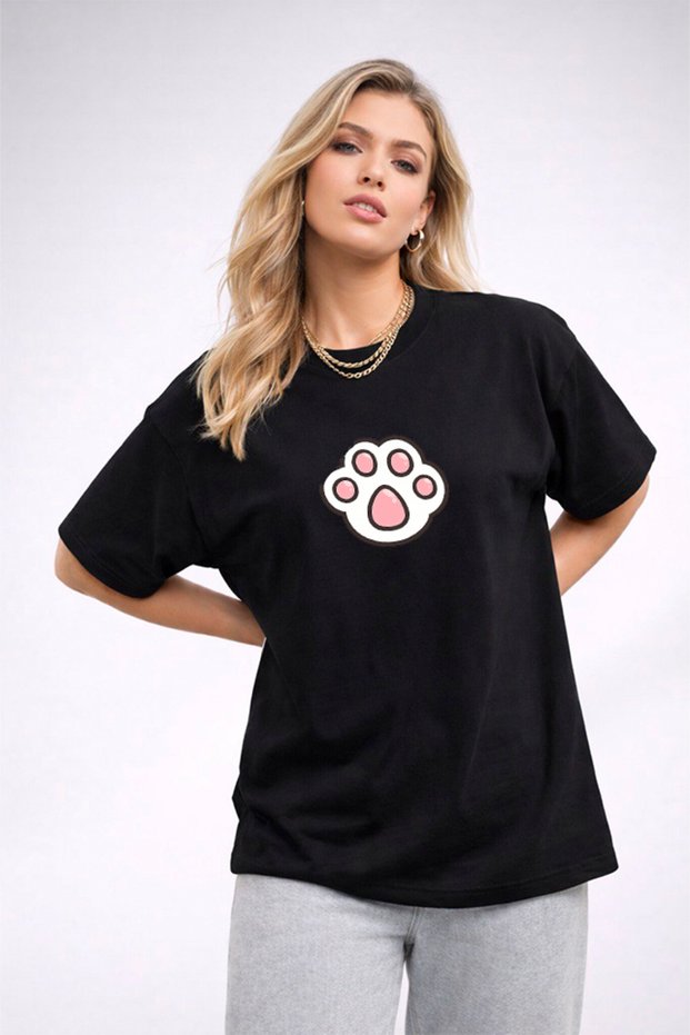 Women's Printed Detail Oversize Bol Cut T-Shirt with Cycling Neck