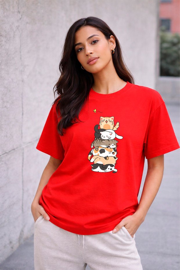 Women's Printed Detail Oversize Bol Cut T-Shirt with Cycling Neck