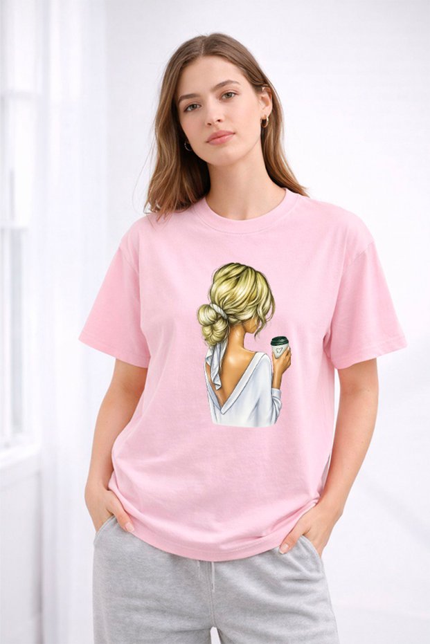 Women's Printed Detail Oversize Bol Cut T-Shirt with Cycling Neck