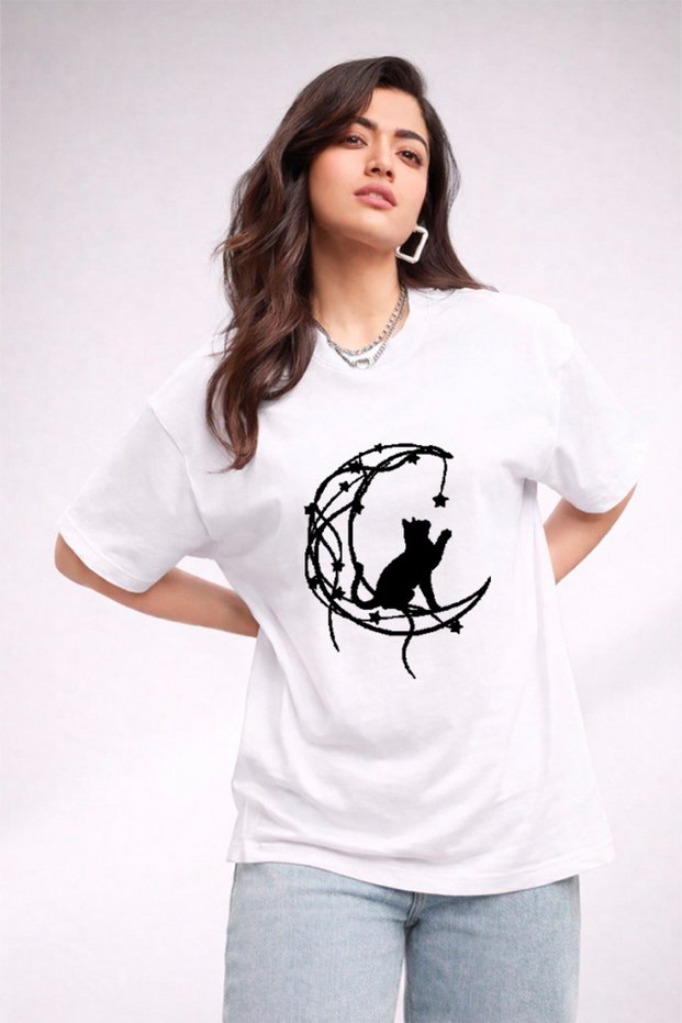 Women's Printed Detail Oversize Bol Cut T-Shirt with Cycling Neck