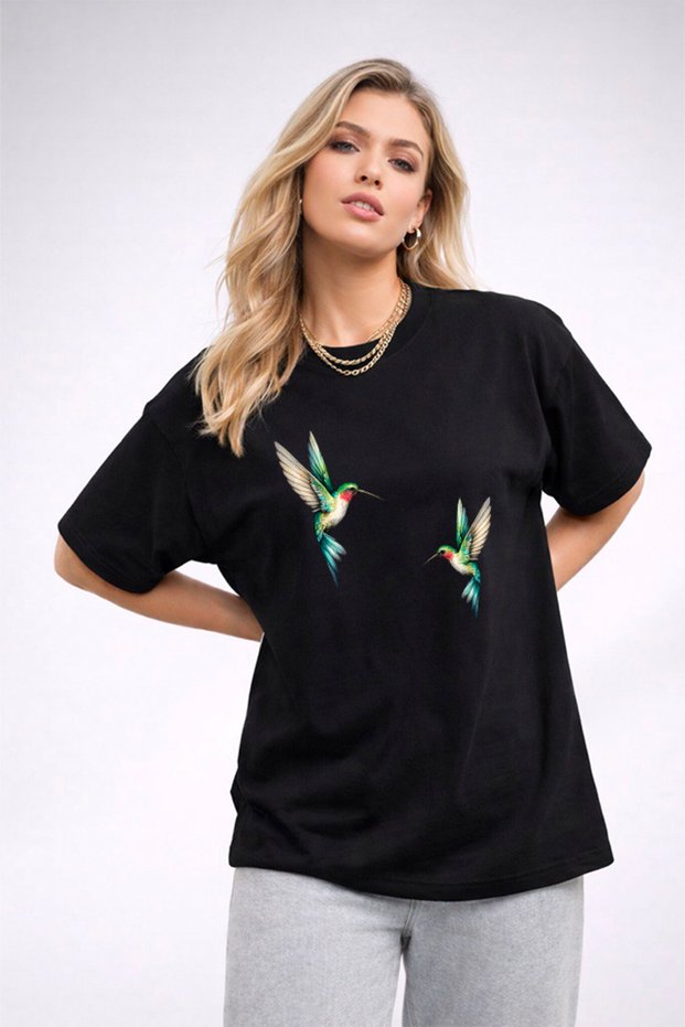 Women's Printed Detail Oversize Bol Cut T-Shirt with Cycling Neck