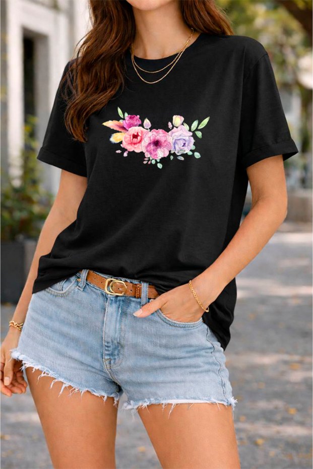 Women's Printed Detail Oversize Bol Cut T-Shirt with Cycling Neck