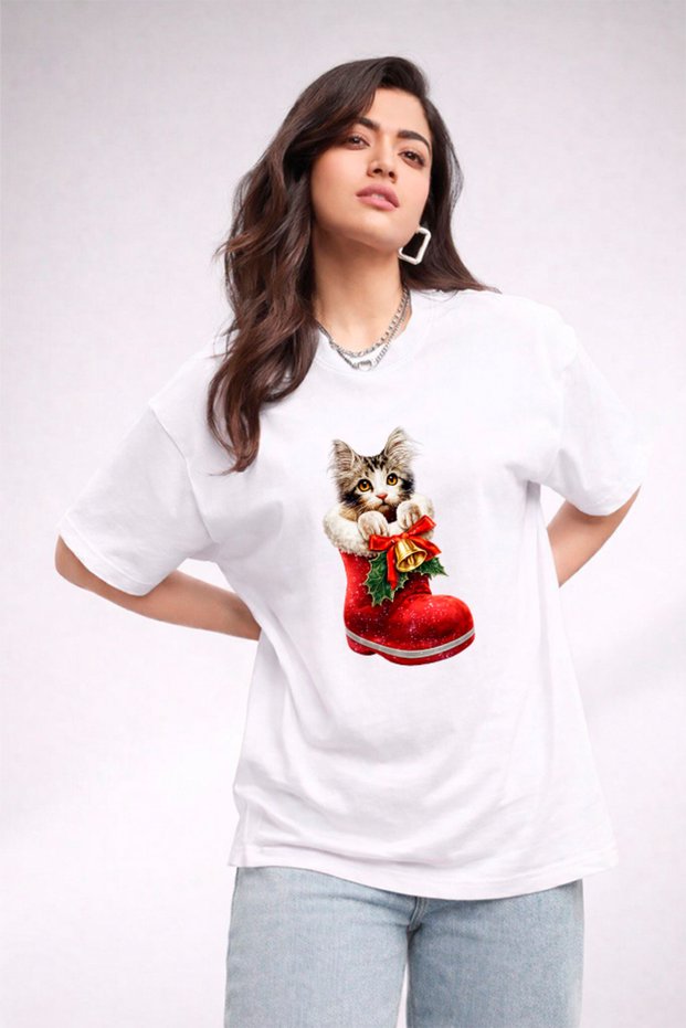 Women's Printed Detail Oversize Bol Cut T-Shirt with Cycling Neck