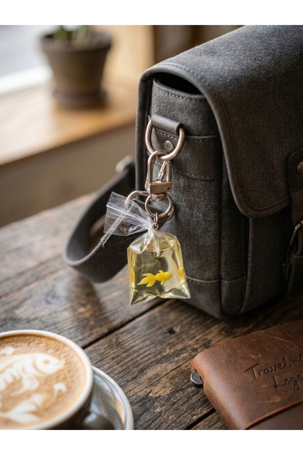 Yellow Goldfish Design Bag with Figure Transparent Keychain - Bag Accessory Gift