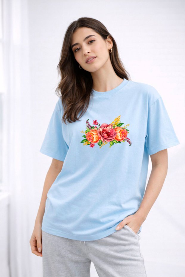 Women's Printed Detail Oversize Bol Cut T-Shirt with Cycling Neck