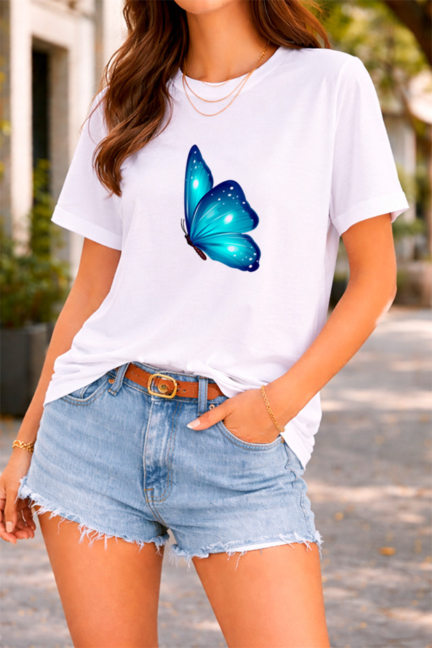 Women's Printed Detail Oversize Bol Cut T-Shirt with Cycling Neck