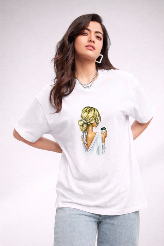 Women's Printed Detail Oversize Bol Cut T-Shirt with Cycling Neck