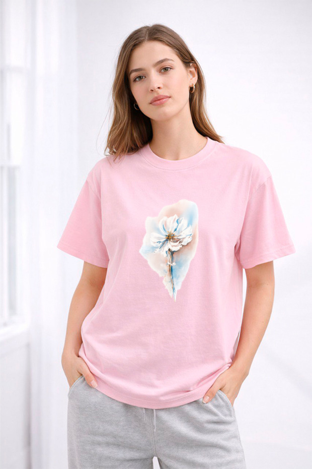 Women's Printed Detail Oversize Bol Cut T-Shirt with Cycling Neck
