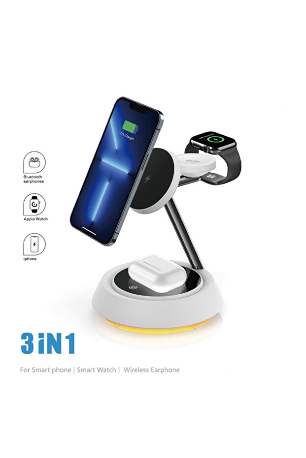 WI-W002 3-in-1 Wireless Fast Charger with Adjustable Ambient Light for Phone, Earbuds & Watch