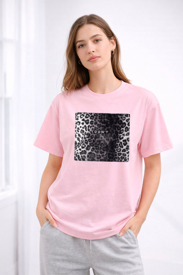 Women's Printed Detail Oversize Bol Cut T-Shirt with Cycling Neck
