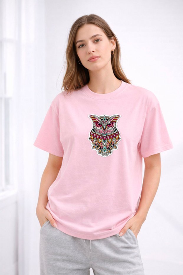 Women's Printed Detail Oversize Bol Cut T-Shirt with Cycling Neck