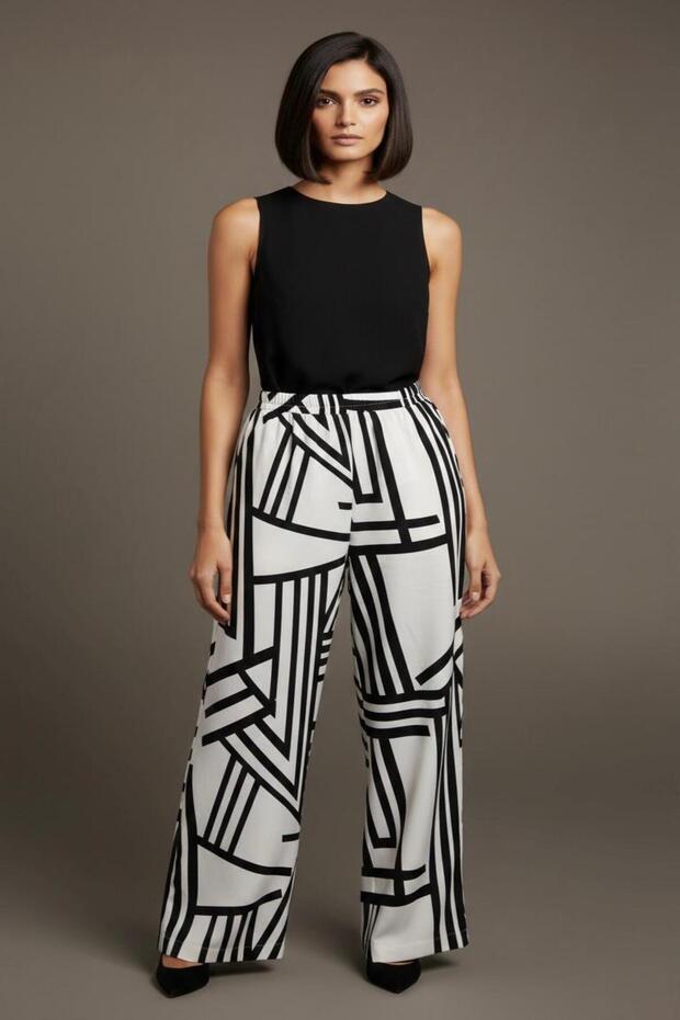 3030 High Waist Patterned Viscose Loose Summer Women's - Comfortable Cut Trendy Trousers