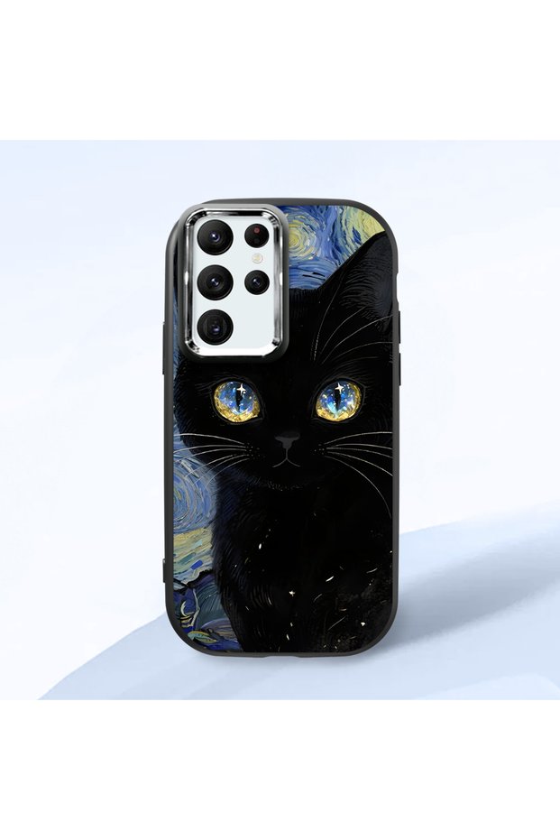 Samsung Galaxy S22 Ultra Compatible Shock-Absorbing Camera Protected Black Silicone Case Cat Patterned