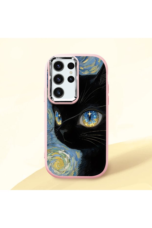 Samsung Galaxy S23 Ultra Compatible Shock-Absorbing Camera Protected Pink Silicone Case Cat Patterned
