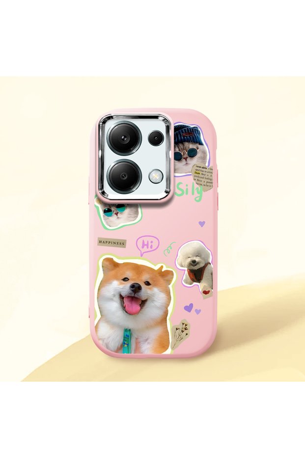 Poco M6 Pro 4g Compatible Shock-Absorbing Camera Protected Pink Silicone Case Dog Patterned