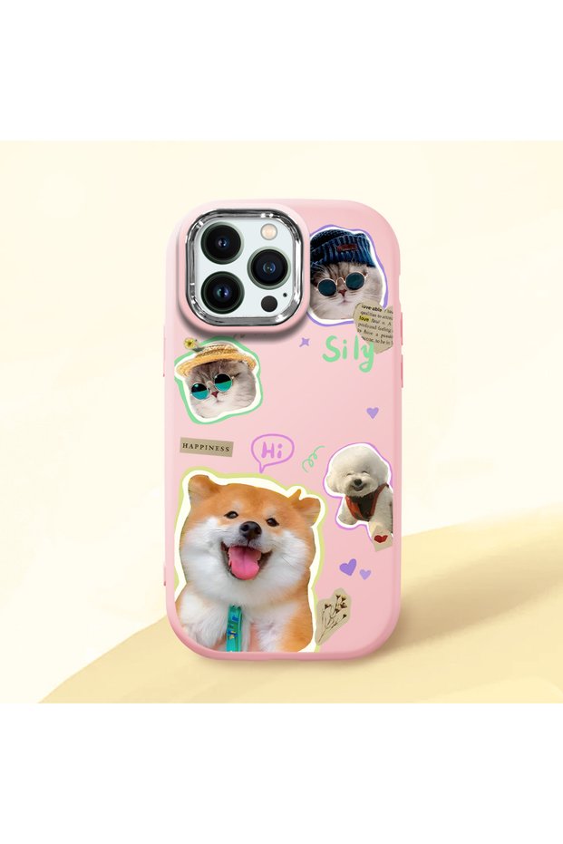 iPhone 14 Pro Max Compatible Shock-Absorbing Camera Protected Pink Silicone Case Dog Patterned