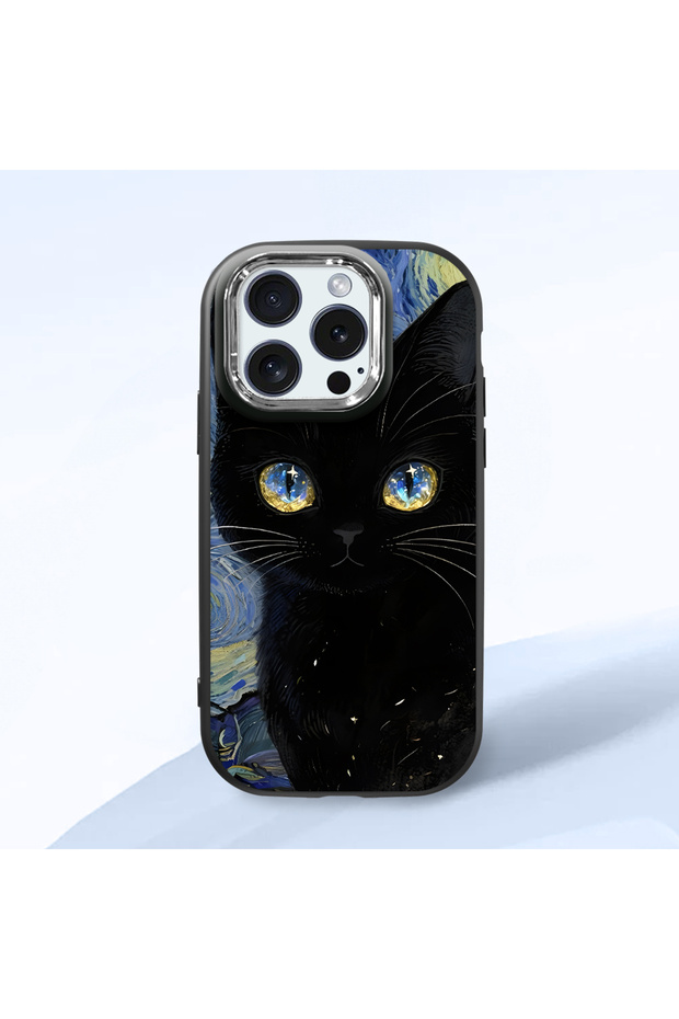 iPhone 15 Pro Compatible Shock-Absorbing Camera Protected Black Silicone Case Cat Patterned