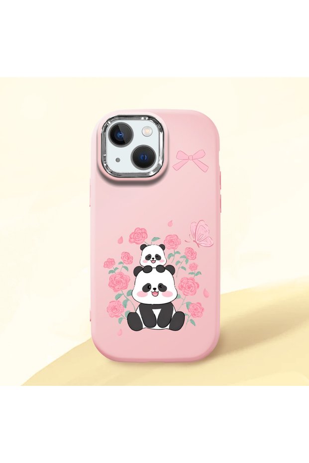 حافظة سيليكون وردية متوافقة مع هاتف iPhone 13 Mini مع حماية للكاميرا ماصّ للصدمات من نوع Panda منقوش