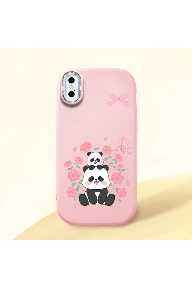 حافظة سيليكون وردية اللون متوافقة مع هاتف iPhone X/XS مع حماية للكاميرا ماصّ للصدمات من نوع Panda منقوش