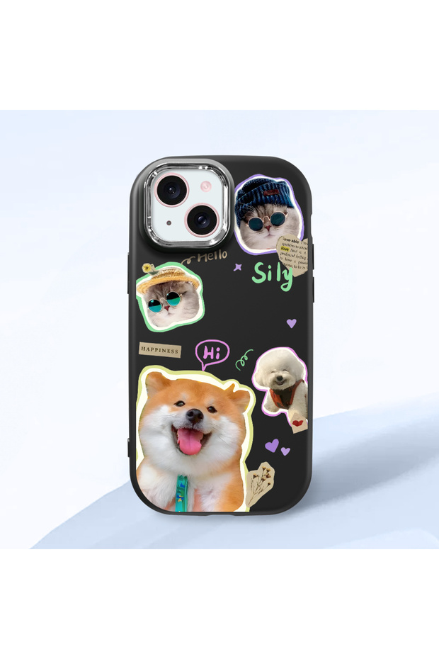 iPhone 15 Compatible Shock-Absorbing Camera Protected Black Silicone Case Dog Patterned