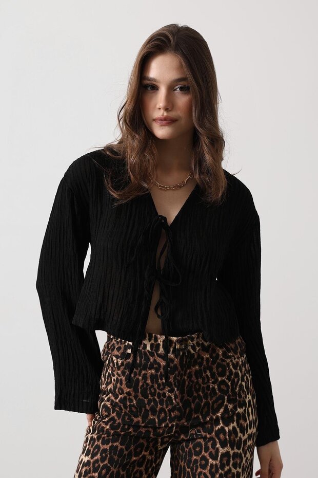 Women's Sheer Lace-Up Blouse Black