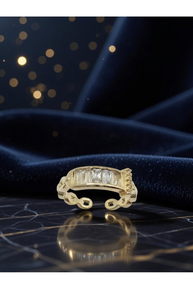 Zircon Stone Baguette Model Gold Color Adjustable Steel Ring - Does Not Tarnish