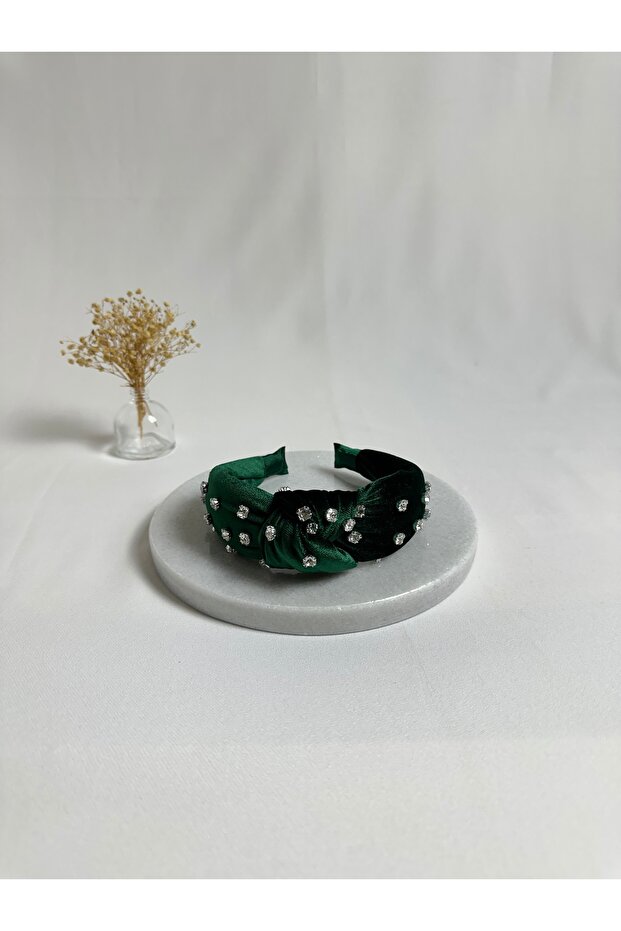 Emerald Green Zircon Stone Velvet Knotted Crown Headband