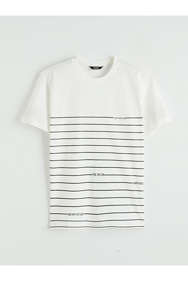 Ecru Crew Neck Striped Combed Cotton Men's T-Shirt
